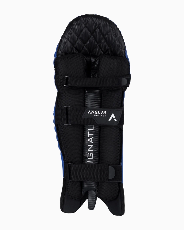 Back view of blue ANGLAR cricket batting pad with protective ridges