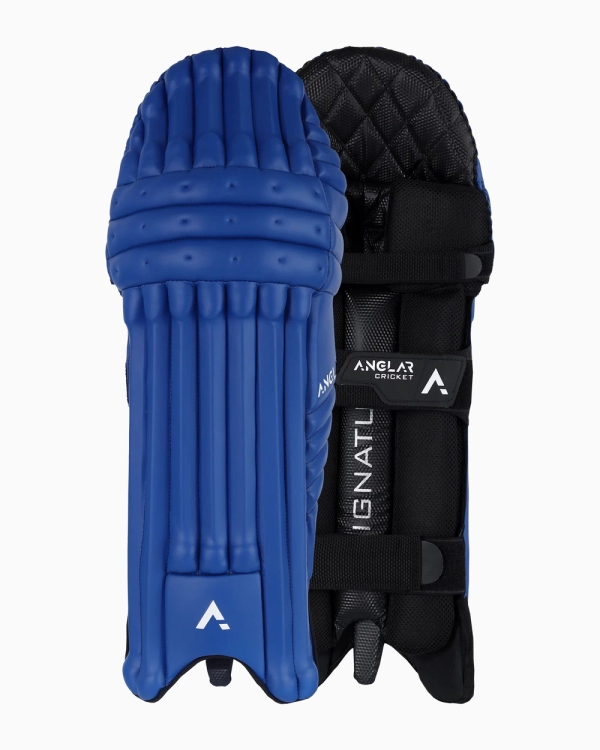 Front and back view of blue ANGLAR cricket batting pad with protective ridges