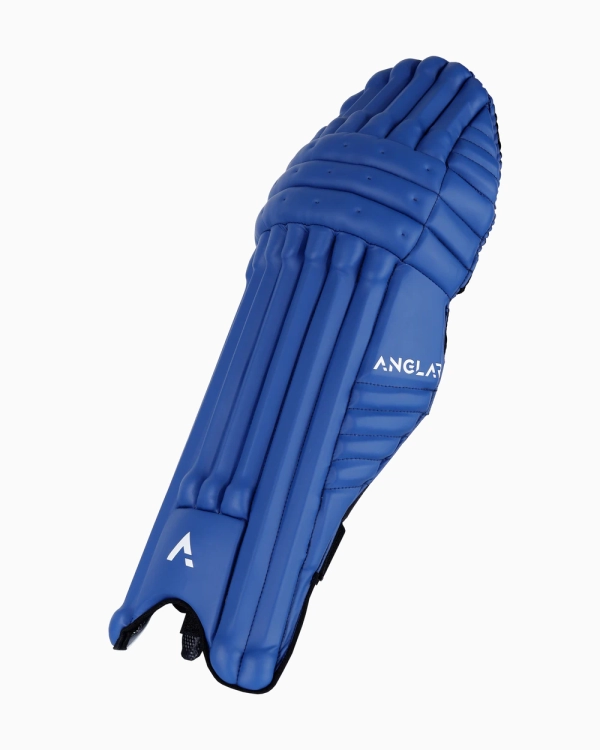 Front slanted view of blue ANGLAR cricket batting pad with protective ridges