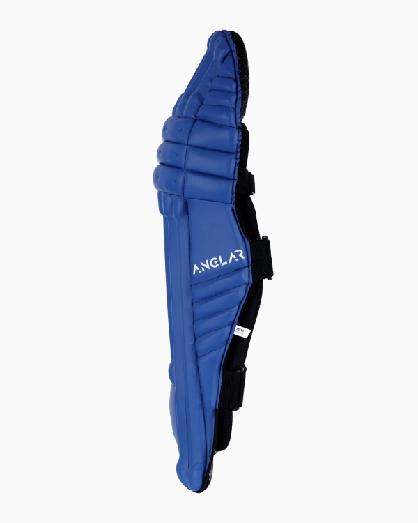 Side view of blue ANGLAR cricket batting pad with protective ridges